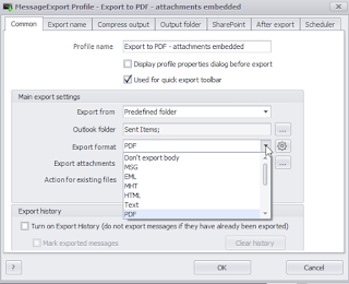 Screen image showing location of export format setting, and PDF selected.