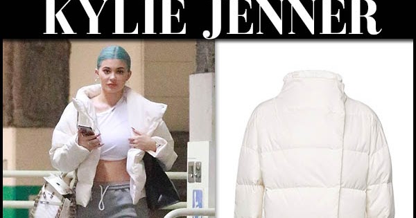 Kylie Jenner in white puffer and grey sweatpants in Beverly Hills on ...