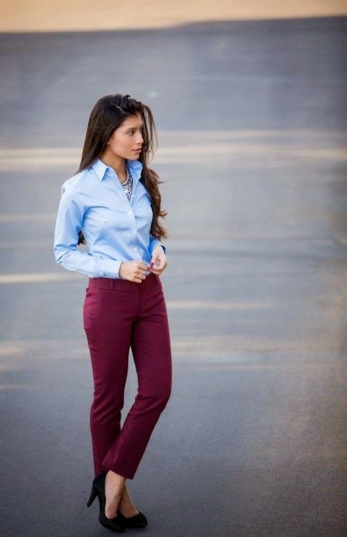 Women's fashion burgundy pants and blue shirt Luvtolook Virtual Styling