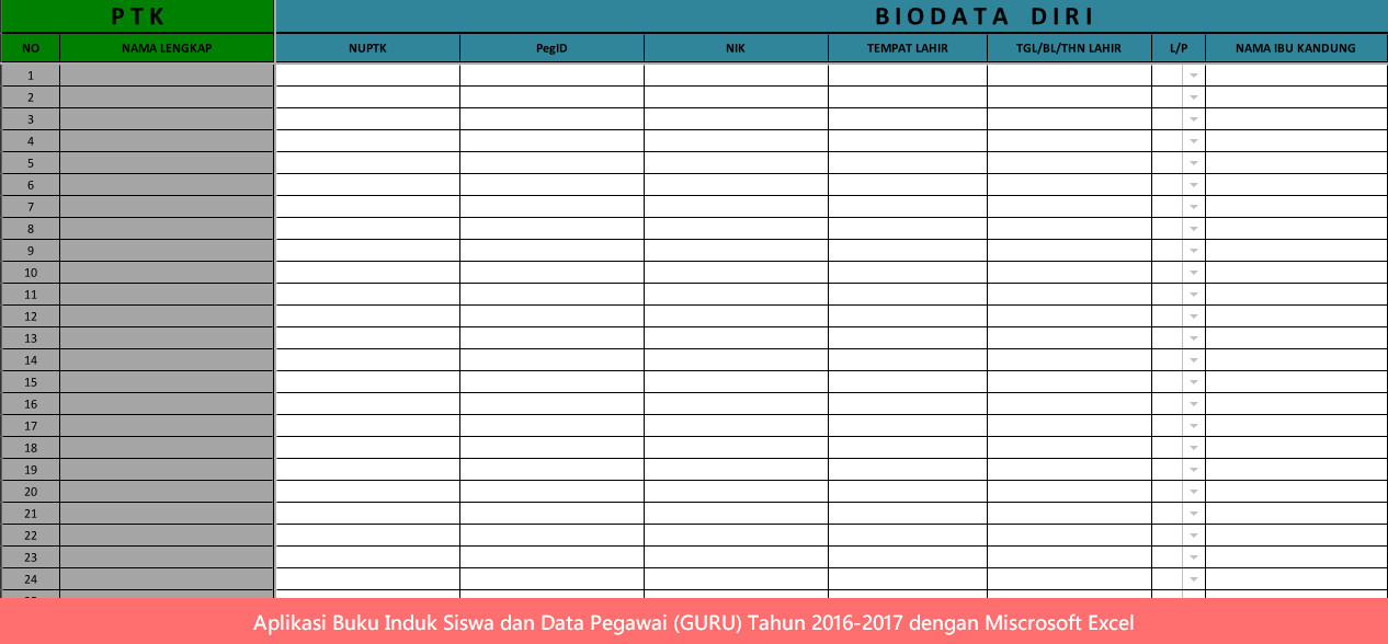 Format Buku Induk Guru dan Pegawai Sekolah Excel