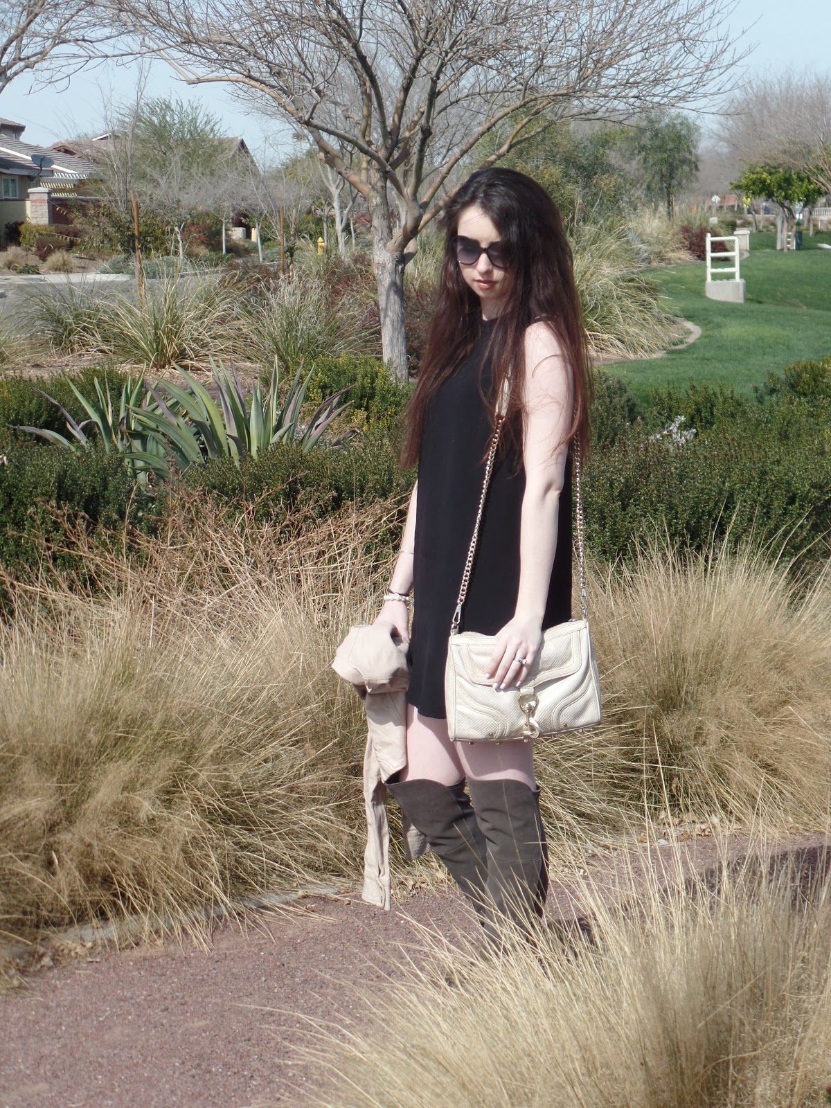 black dress with neutral shoes