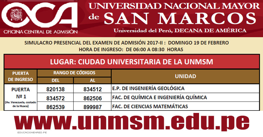 UNMSM: Locales Simulacro Examen Admisión 2017-2 (Domingo 19 Febrero) Postulante Ubica tu Aula - Universidad Nacional Mayor de San Marcos - www.unmsm.edu.pe UNMSM: Locales Simulacro Examen Admisión 2017-2 (Domingo 19 Febrero) Postulante Ubica tu Aula - Universidad Nacional Mayor de San Marcos - www.unmsm.edu.pe