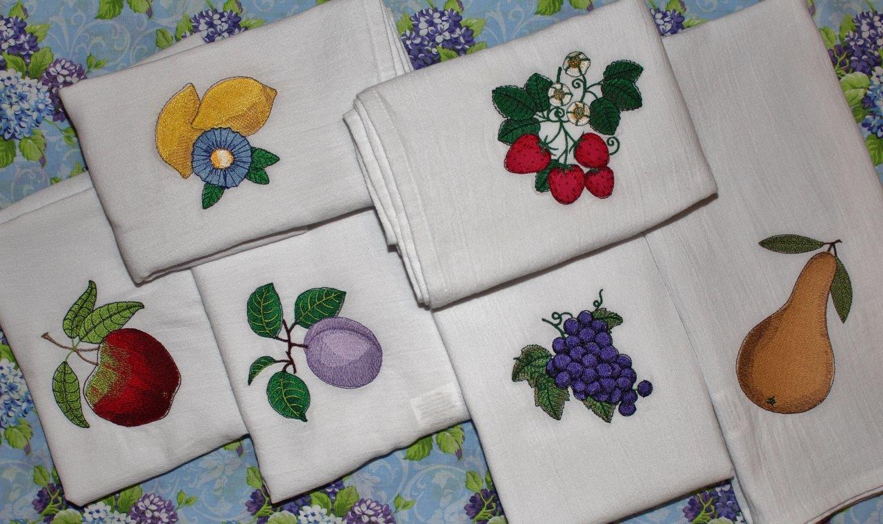 Sarah Lynn's Mitered Corner MachineEmbroidered Fruit on Tea Towels
