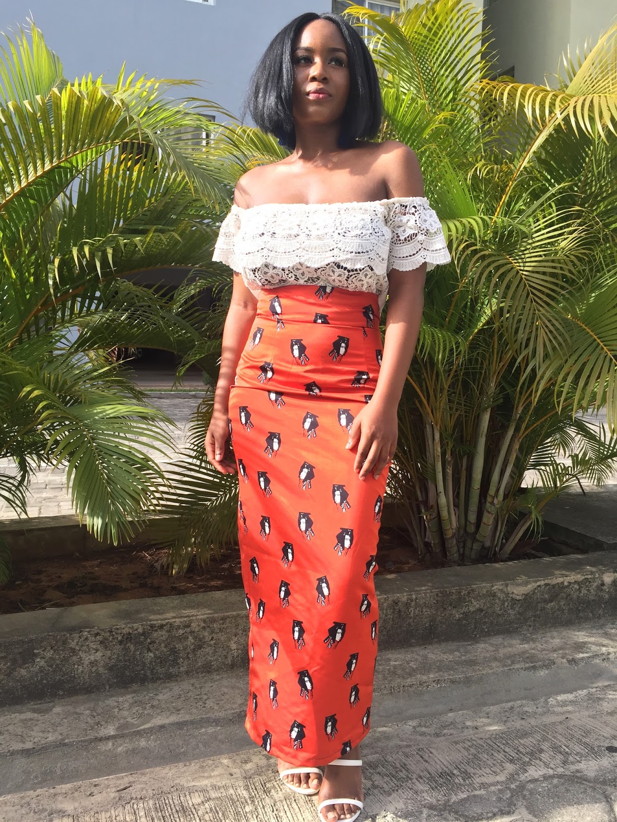 How to style orange print long skirt and white off shoulder lace by nigerian fashion blogger Munastiic