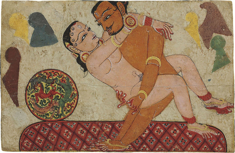Amorous Couple Making Love on a Cushion - Miniature Painting, Nepal, 15th Century