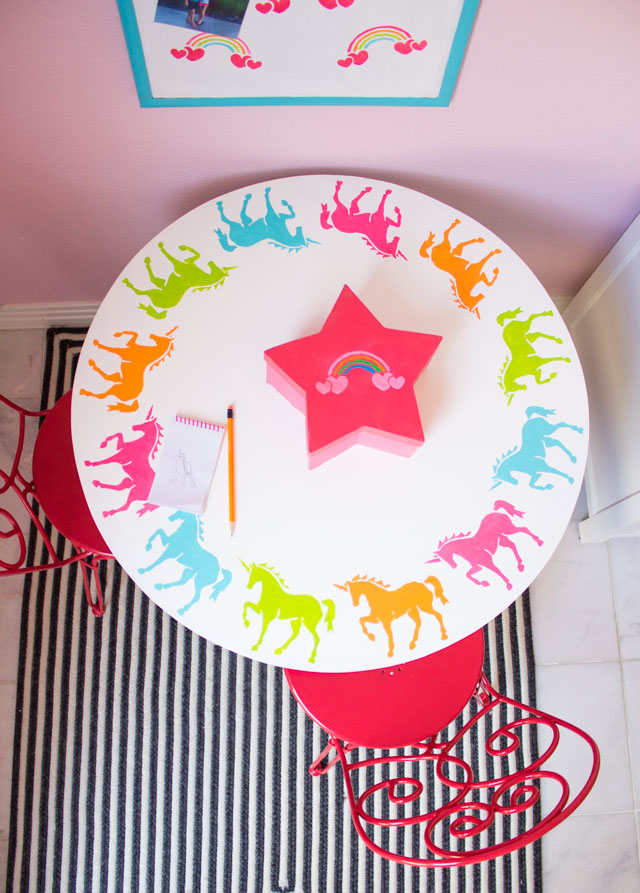 Create a kids workspace decorated with rainbow and unicorn stencils! #unicorndecor #rainbowdecor #kidstable #corkboard Create a kids workspace decorated with rainbow and unicorn stencils! #unicorndecor #rainbowdecor #kidstable #corkboard