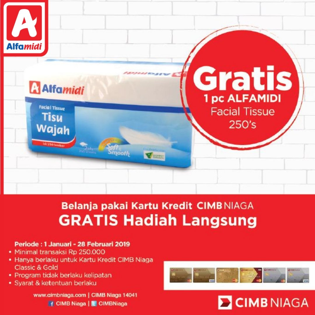#Alfamidi - #Promo Pakai Kartu Kredit CIMB GRATIS 1 Facial Tissue 250's (s.d 28 Feb 2019) #Alfamidi - #Promo Pakai Kartu Kredit CIMB GRATIS 1 Facial Tissue 250's (s.d 28 Feb 2019)