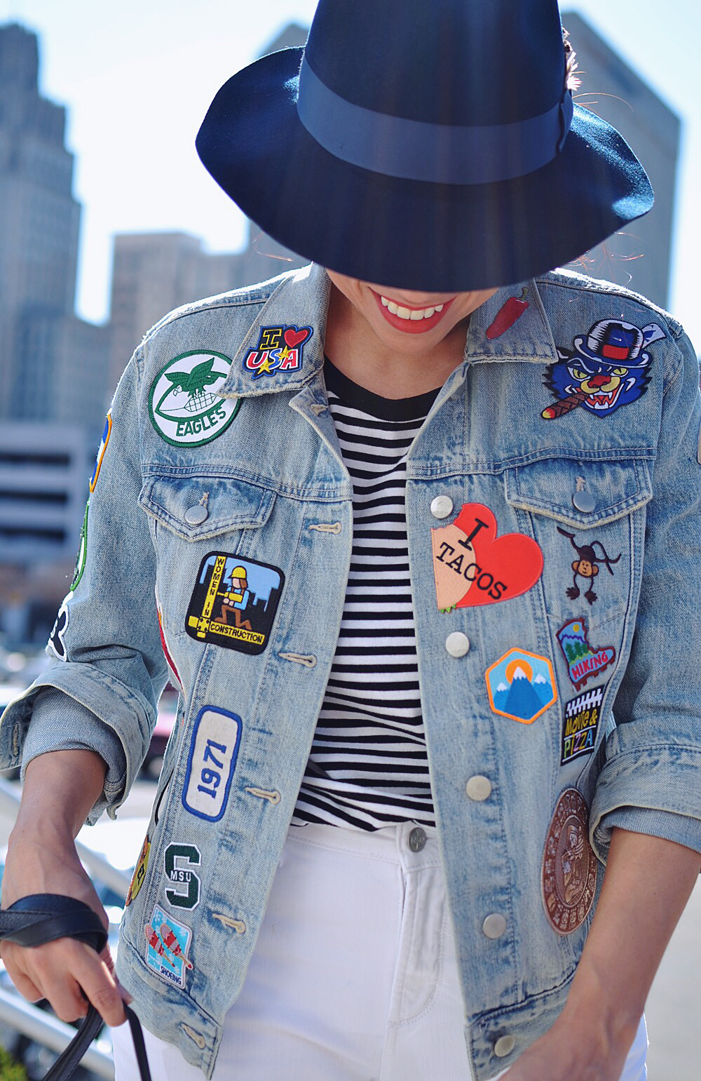 Outfit with patches on denim jacket 