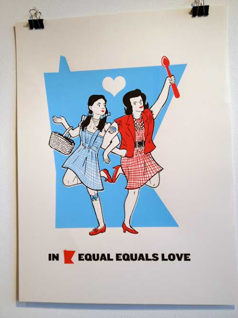 Illustrated poster showing Dorothy from the Wizard of Oz dancing arm-in-arm with a butch-looking woman
