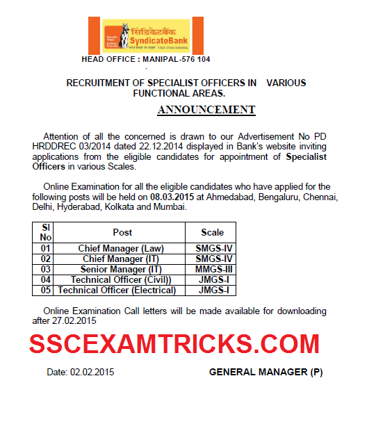 SYNDICATE BANK PO 2015 ADMIT CARD NOTICE