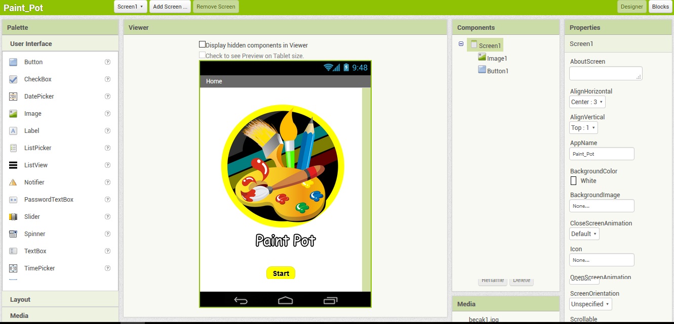 Tutorial pembuatan aplikasi "Paint Pot" menggunakan App Inventor 2