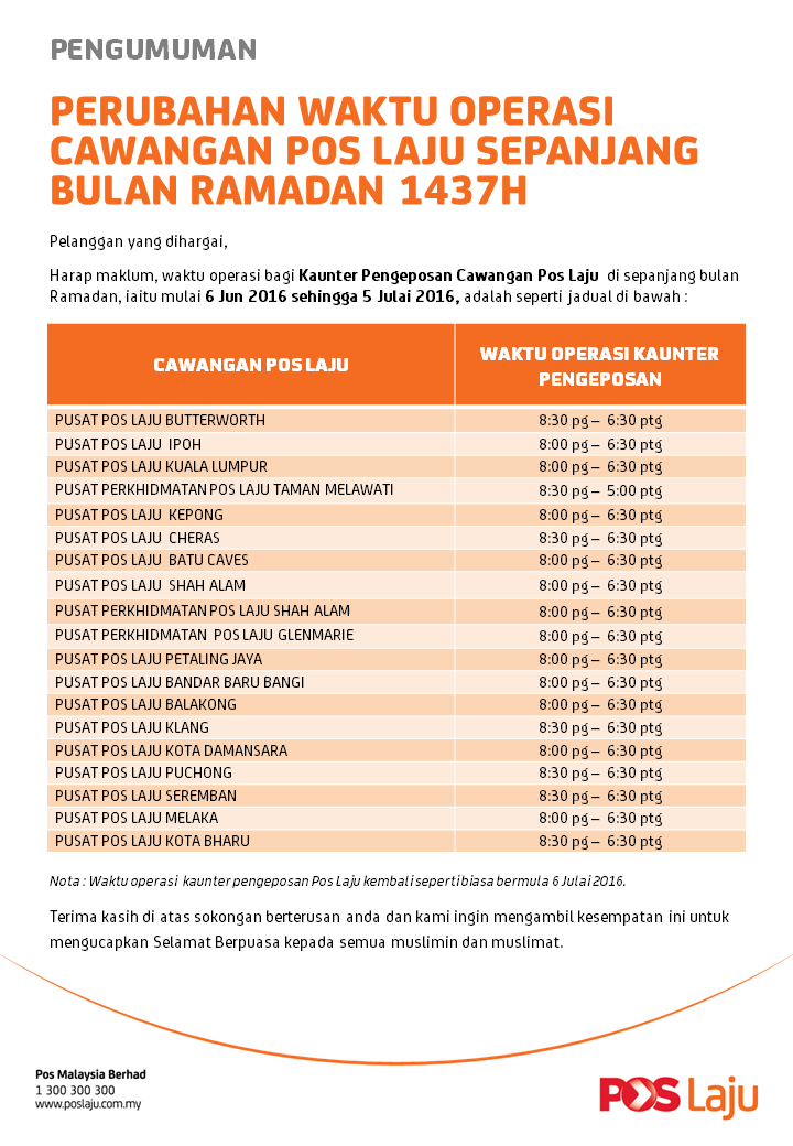 Waktu Operasi Pos Laju Ramadhan 2016
