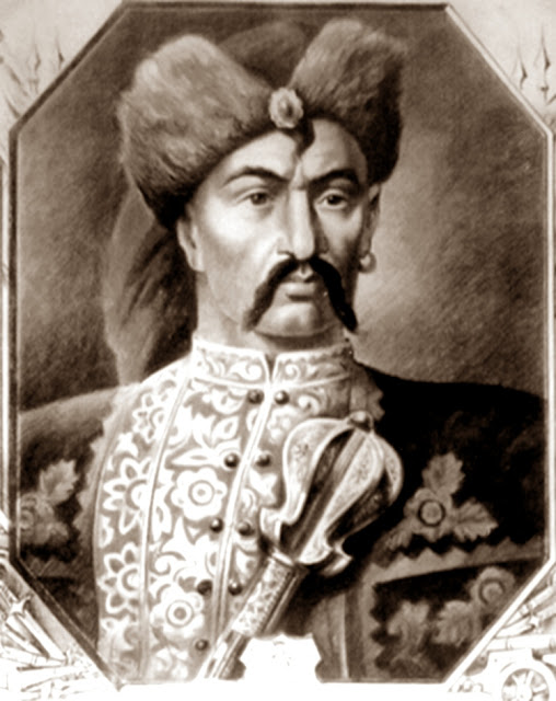 Запорожский казачий полковник Иван Богун (1618 - 1664) с полковничьим шестопером за поясом. Булава, Бунчук, Казаки, Казачий пернач, Казачья булава, Клейноды, Насека, Оружие, Пернач, Холодное оружие, Шестопер,