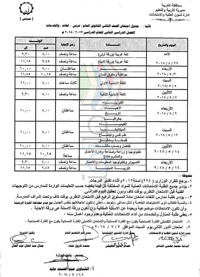 جدول امتحانات الصف الثاني الثانوي 2018 الترم الثاني محافظة الغربية جدول امتحانات الصف الثاني الثانوي 2018 الترم الثاني محافظة الغربية
