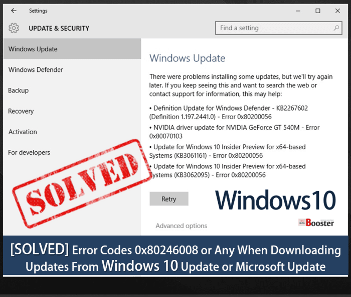 Fix Windows Update errors - Microsoft Support: Fix Windows Update errors — Solve "Windows Update cannot currently check for updates because the service is not running." "Windows 10 couldn't be installed" Error code "80070005", fixing Windows update error "0x80070057", update installation error: "0x80070643", windows updates failing "0x80246008", "0x80246008" win8, "0x800705b4", "80070003", "0x8024402f", "0x8024a105", windows update error code "800b0100", error code "8000ffff", code "80246007" windows 10, windows failed to install the following update with error "0x80246007" or windows error code "80070002" or how to fix Windows 10 update installation has failed then you are arrived at right page. Here are some commonly seen error codes: 0x80073712, 0x800705B4, 0x80004005, 0x8024402F, 0x80070002, 0x80070643, 0x80070003, 0x8024200B, 0x80070422, 0x80070020. Check this detailed tutorial to fix all Windows update errors on windows 10,8.1,8 and 7 that'll help you finding and correcting most common update installation problems quickly. Fix common Windows 10 Fall Creators Update Version 1709 (Redstone 3) activation, update & installation Issues, errors (codes) & their possible resolutions.