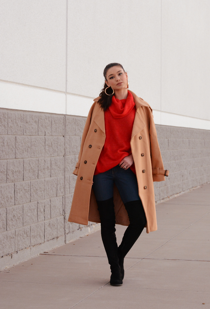 Trench Coat, Red Sweater