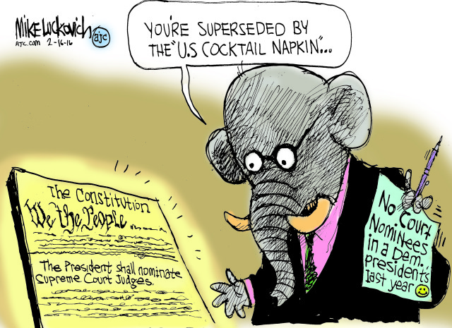 Republican looks at U. S. Constitution article about the Supreme Court while holding a scrap of paper on which is scrawled, 