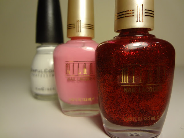 white nail polish, pink nail polish and red nail polish