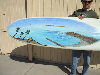 Dana Point 1950s California, paintings and surfboards by Paul Carter Dana Point painting and surfboard by Paul Carter