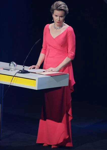 Queen Mathilde Valentino wore Valentino pink ruffle dress and diamond necklace at awards ceremony