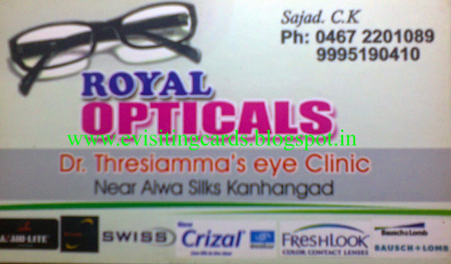 Visiting Card Directory Eye Clinic and Opticals in Kanhangad