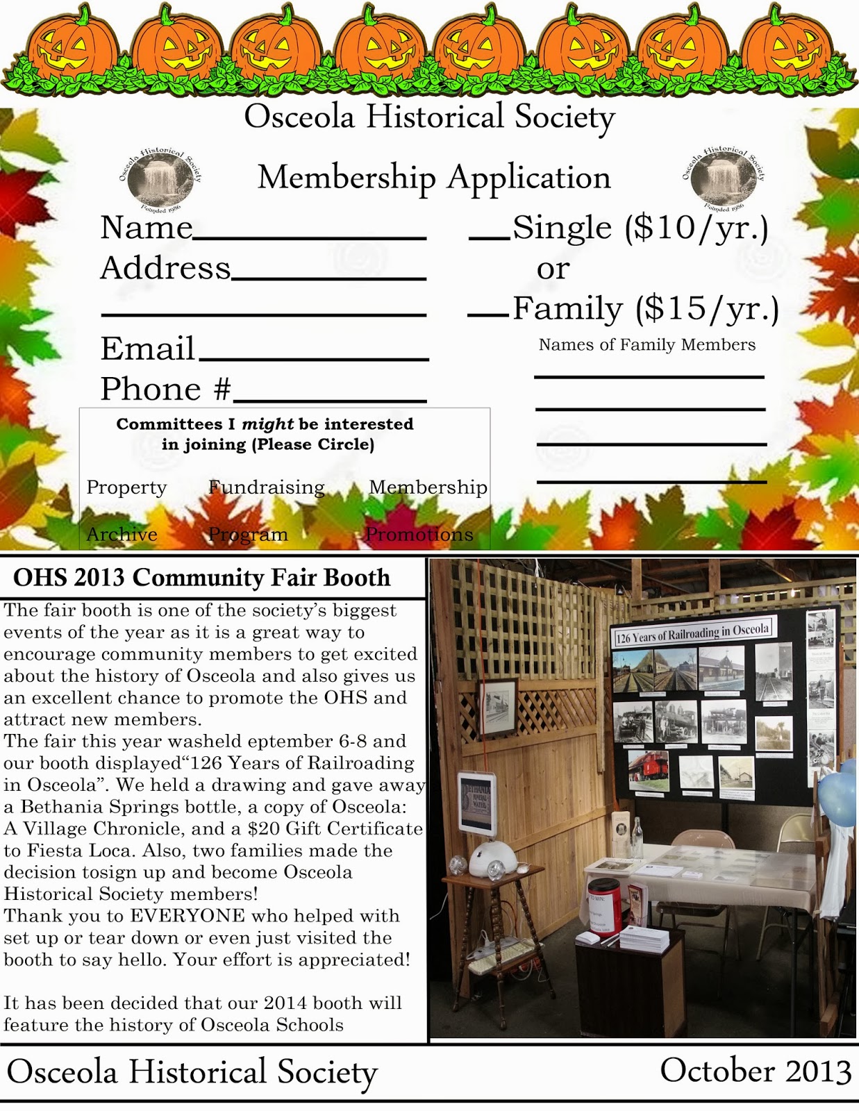 Osceola (Wisconsin) Historical Society Osceola Historical Society Newsletter October 2013
