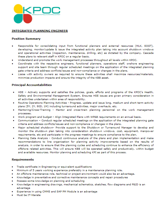 Oil &Gas Vacancies INTEGRATED PLANNING ENGINEER KPOC MALAYSIA
