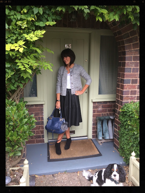 My Midlife Fashion, Mango ankle boots, Boucle knitted jacket, Faux leather Zara Midi skirt