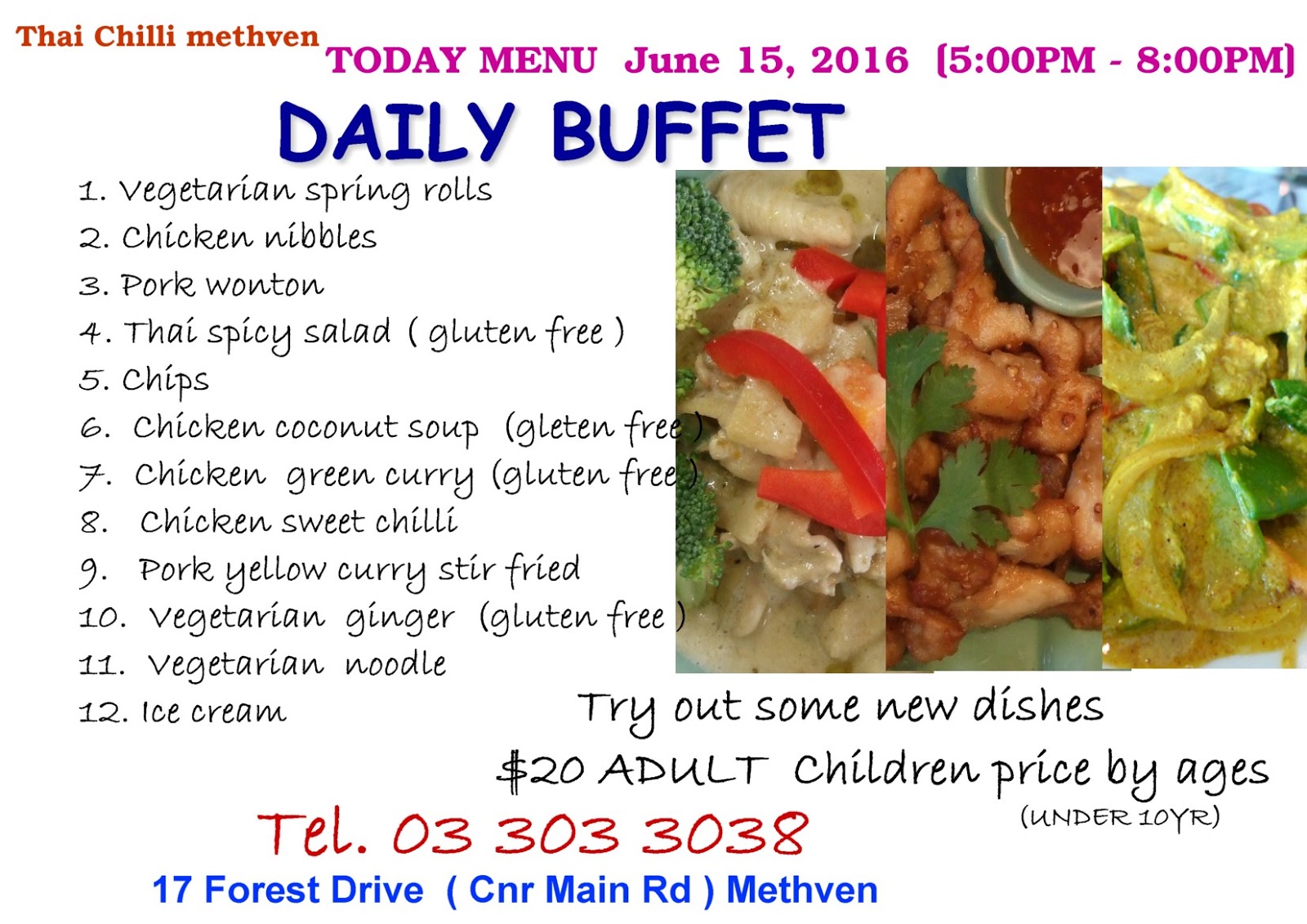 Thai Chilli Methven Restaurant Buffet June 15, 2016 Menu