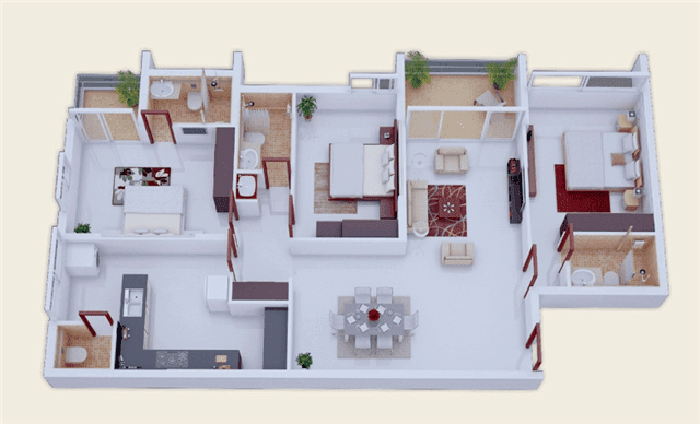 Denah Rumah Minimalis 3 kamar tidur 3D