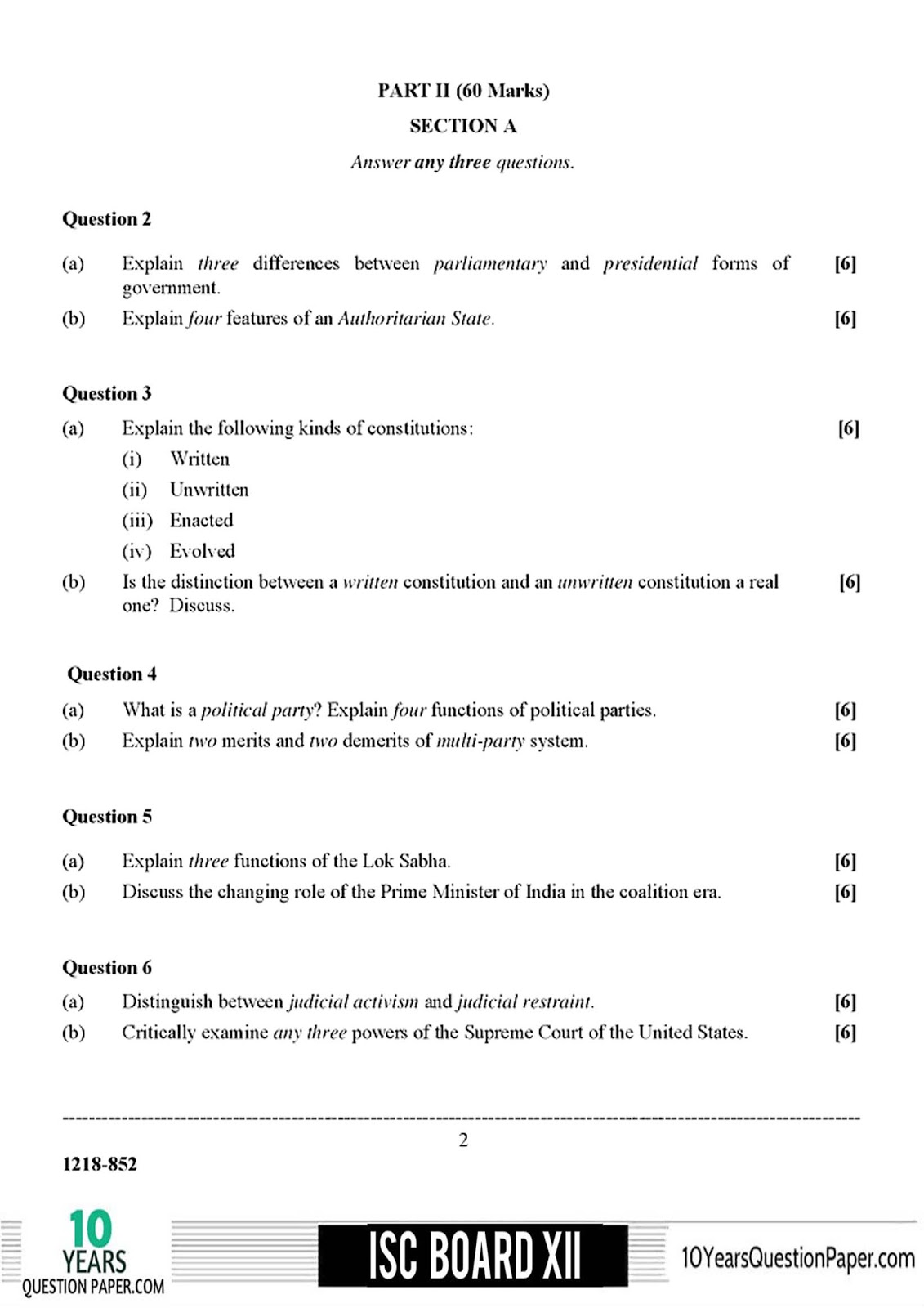 ISC 2018 Political Science board question paper for Class XII ISC Board 2018 class 12th Political Science question paper Download PDF