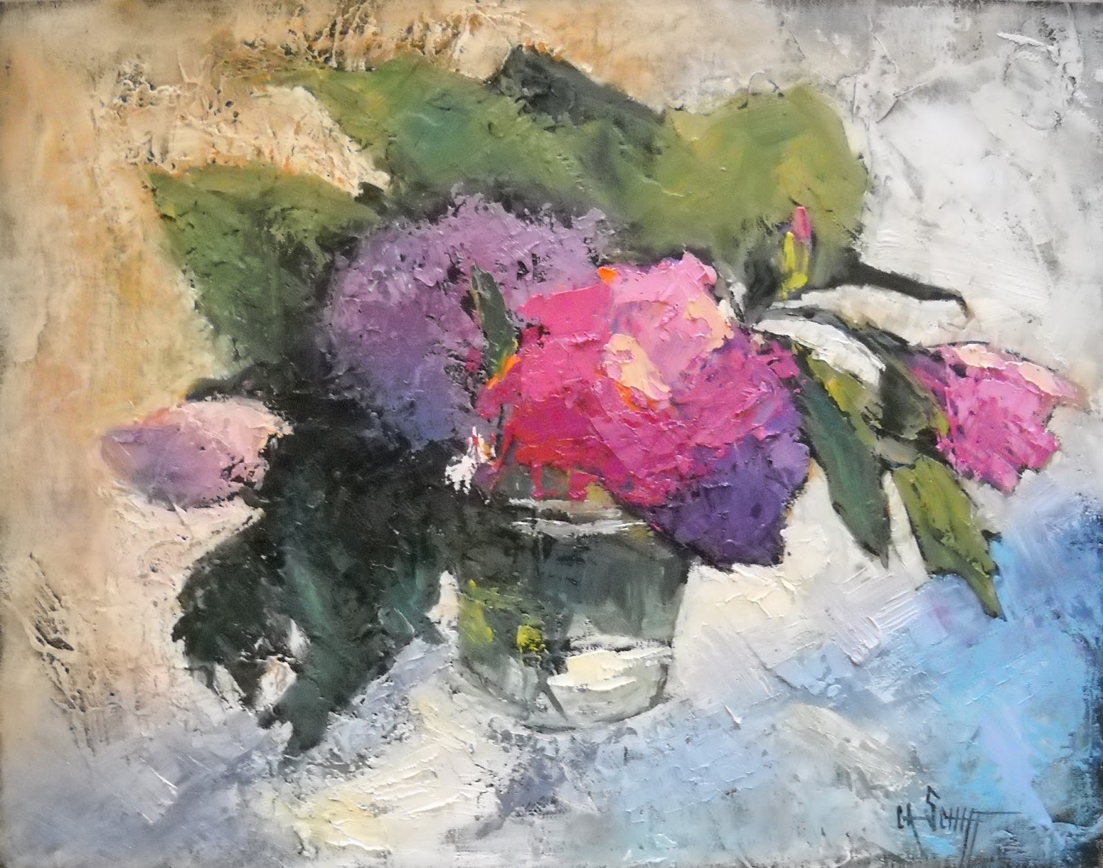 CAROL SCHIFF DAILY PAINTING STUDIO Floral Still Life Painting, Textured Floral Painting