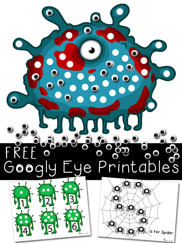 Free Googly Eye Printables featuring counting monster eyes, M is for monster and S is for spider. Glue or stick googly eyes in the white circles on the sheets.