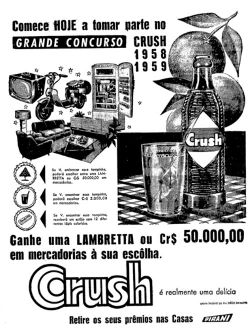 Propaganda do Refrigerante Crush, com grande concurso realizado nos anos 50