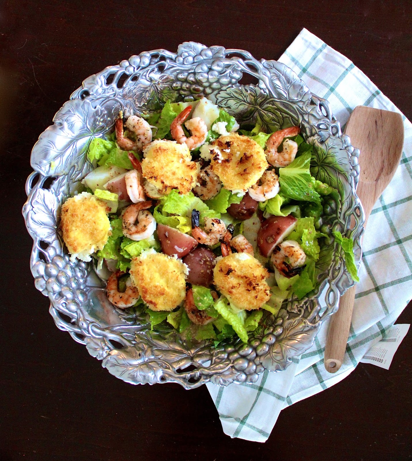 Crispy Goat Cheese Salad with Shrimp and Mustard Red Potatoes The