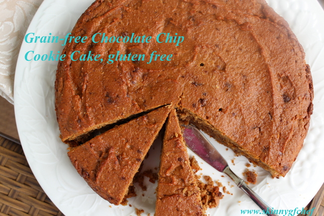 Make this grain-free and gluten-free Chocolate Chip Cookie cake easily in the food processor with healthy ingredients!