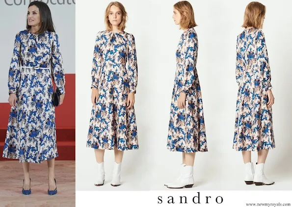 Queen Letizia wore Sandro all over print long silk dress