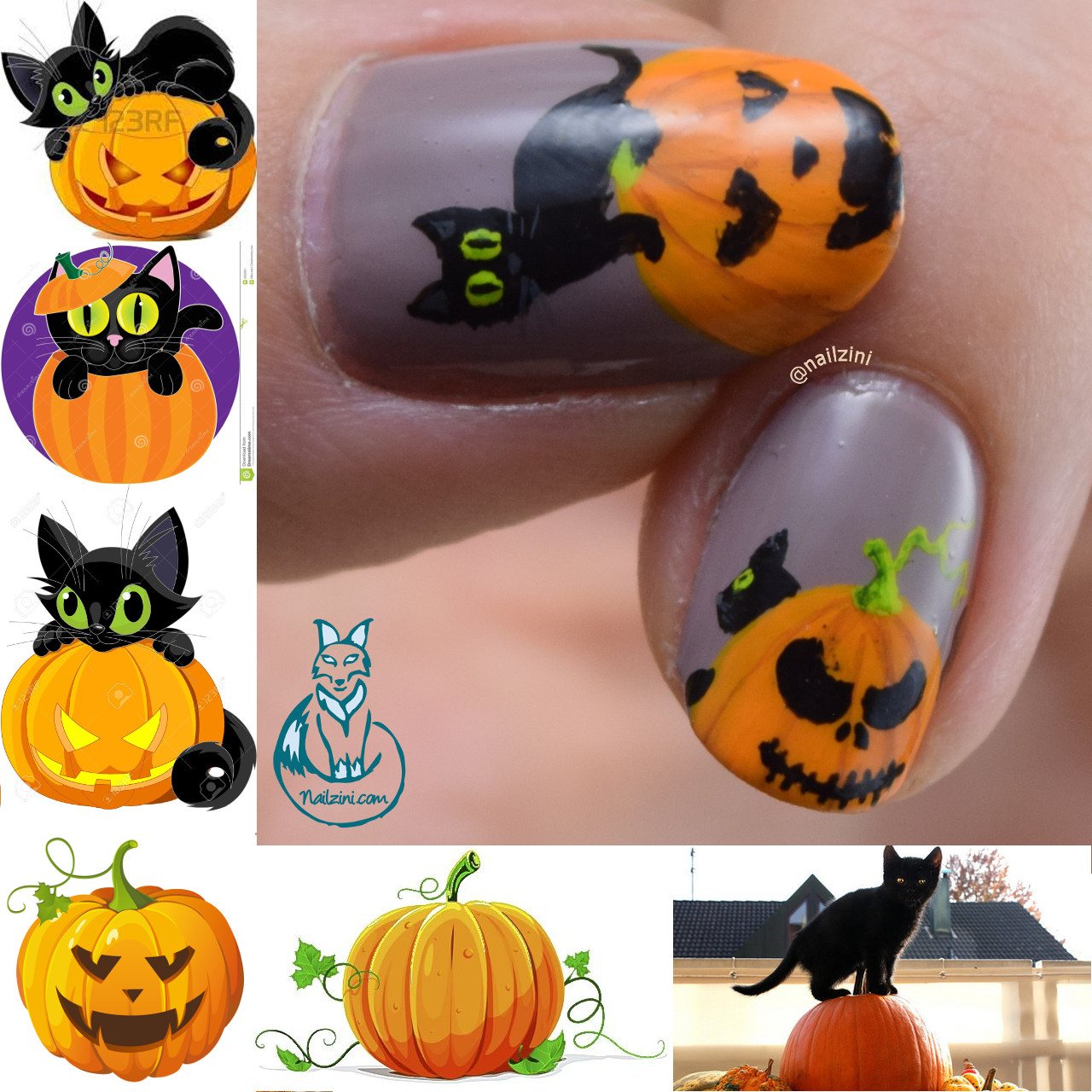 Black Cats and Pumpkins Nail Art