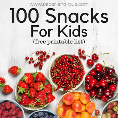 100 Snacks For Kids- Stuck in a snack time rut?  Here's some inspiration to change it up!  Free Printable list of 100 easy snacks for kids.