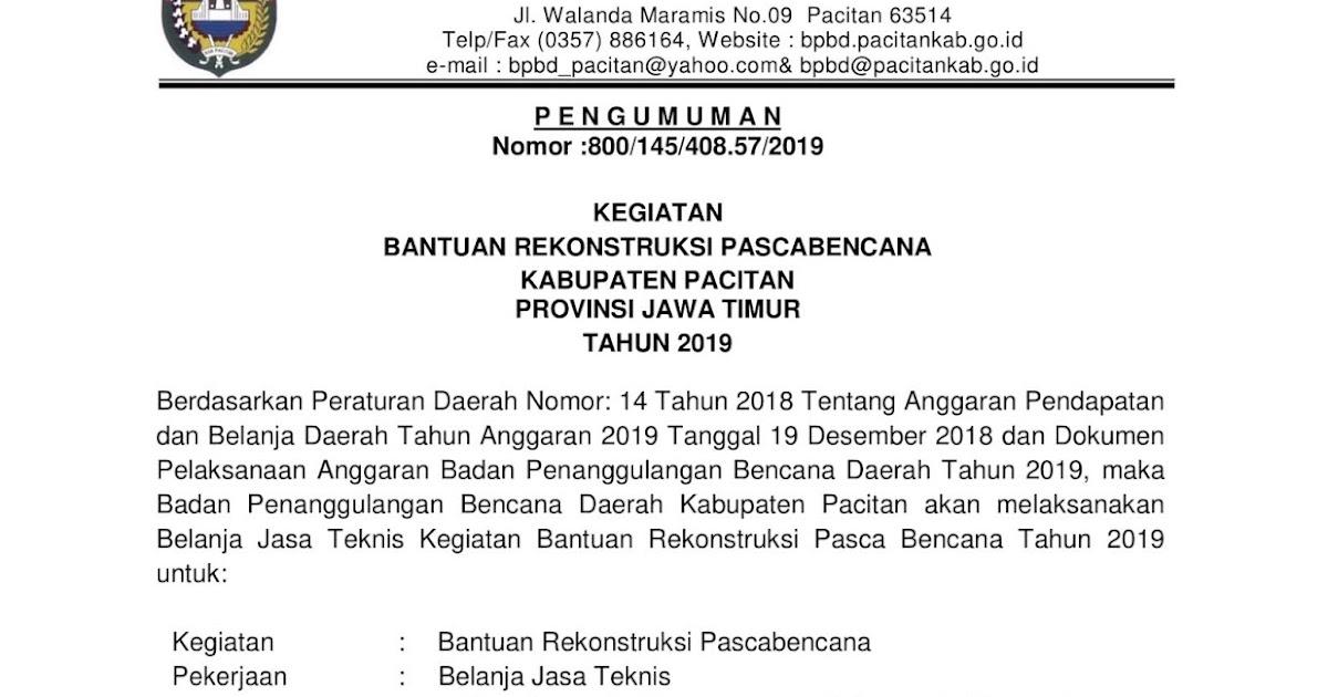 Lowongan Kerja Badan Penanggulangan Bencana Daerah Kabupaten Pacitan Maret 2019 Rekrutmen Lowongan Kerja Bulan Juni 2021