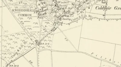 Coldfair Green where Fitches Lane and the track across Knodishall common would have formed a crossroads with the Snape Road