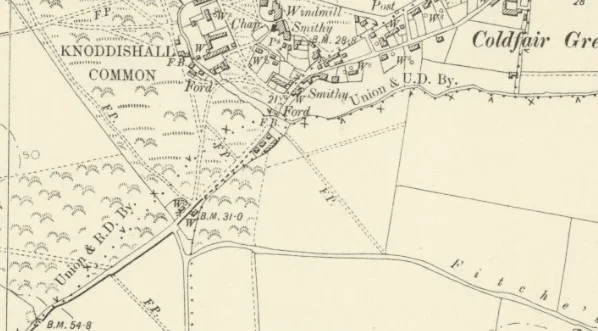 Coldfair Green where Fitches Lane and the track across Knodishall common would have formed a crossroads with the Snape Road