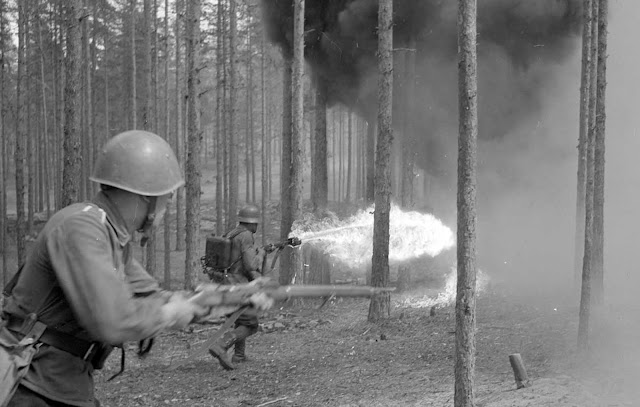 Flamethrower in action in the woods near the village of Niinisalo, on July 1, 1942.