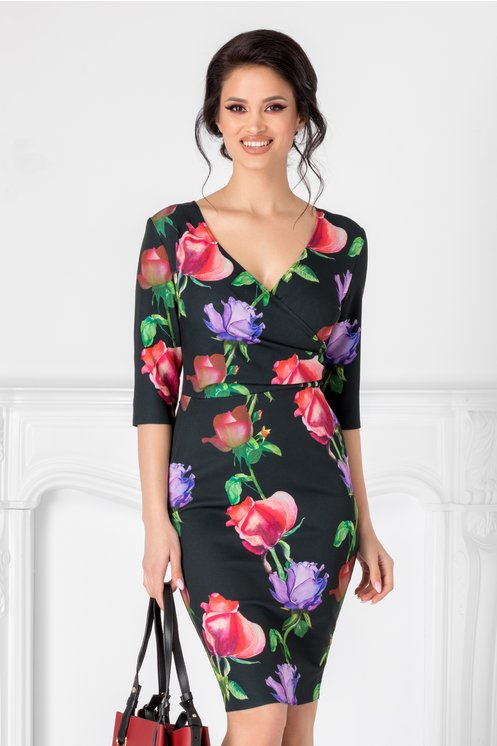 Rochie Mikki neagra cu imprimeu floral si decolteu petrecut de zi Rochie Mikki neagra cu imprimeu floral si decolteu petrecut de zi