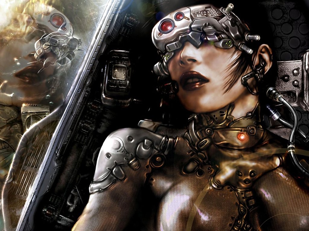 Un cyborg con aspecto de mujer con unas lentes metálicas implantadas en sus ojos con cristales de color rubí.