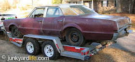 Rear view of Olds on trailer.