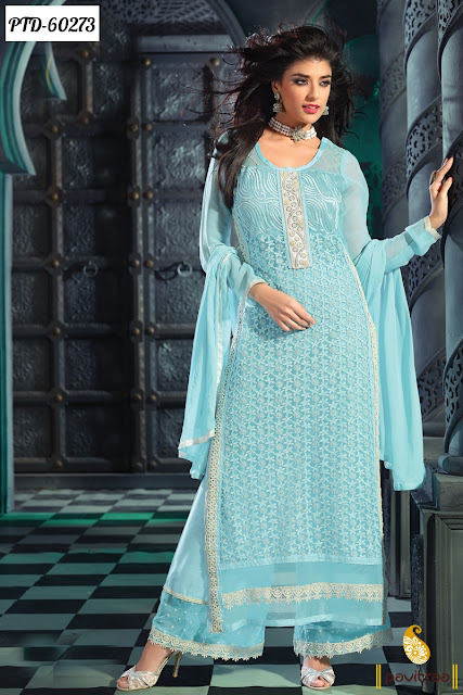 Stylish sky color trendy sky color embroidery palazzo dresses and salwar kameez in cheap cost with discount offer deal and sale at pavitraa fashion