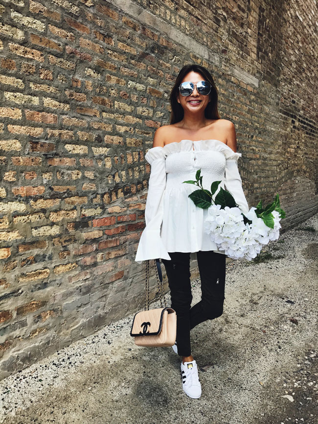 Ruffle White Smocked Top, How to Style an Off Shoulder Top, How to wear a white top, Chicago Spring style