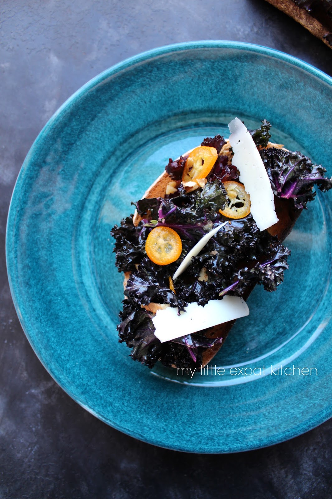 My Little Expat Kitchen Purple kale and kumquat bruschetta w/ tahini