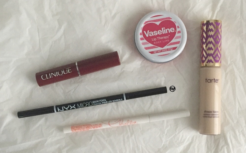 Vaseline rosy lips, eyebrow pencils, Tarte Shape Tape Concealer 